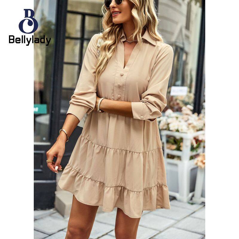 BellyLady Women V-neck Dress Solid Color Long Sleeves Pullover A-line Skirt Casual Ruffled Pleated Dress